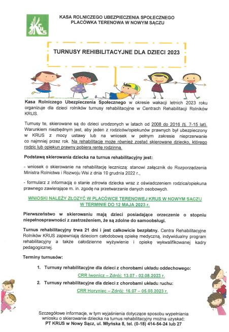KRUS - Turnusy rehabilitacyjne dla dzieci rolników w 2023 roku
