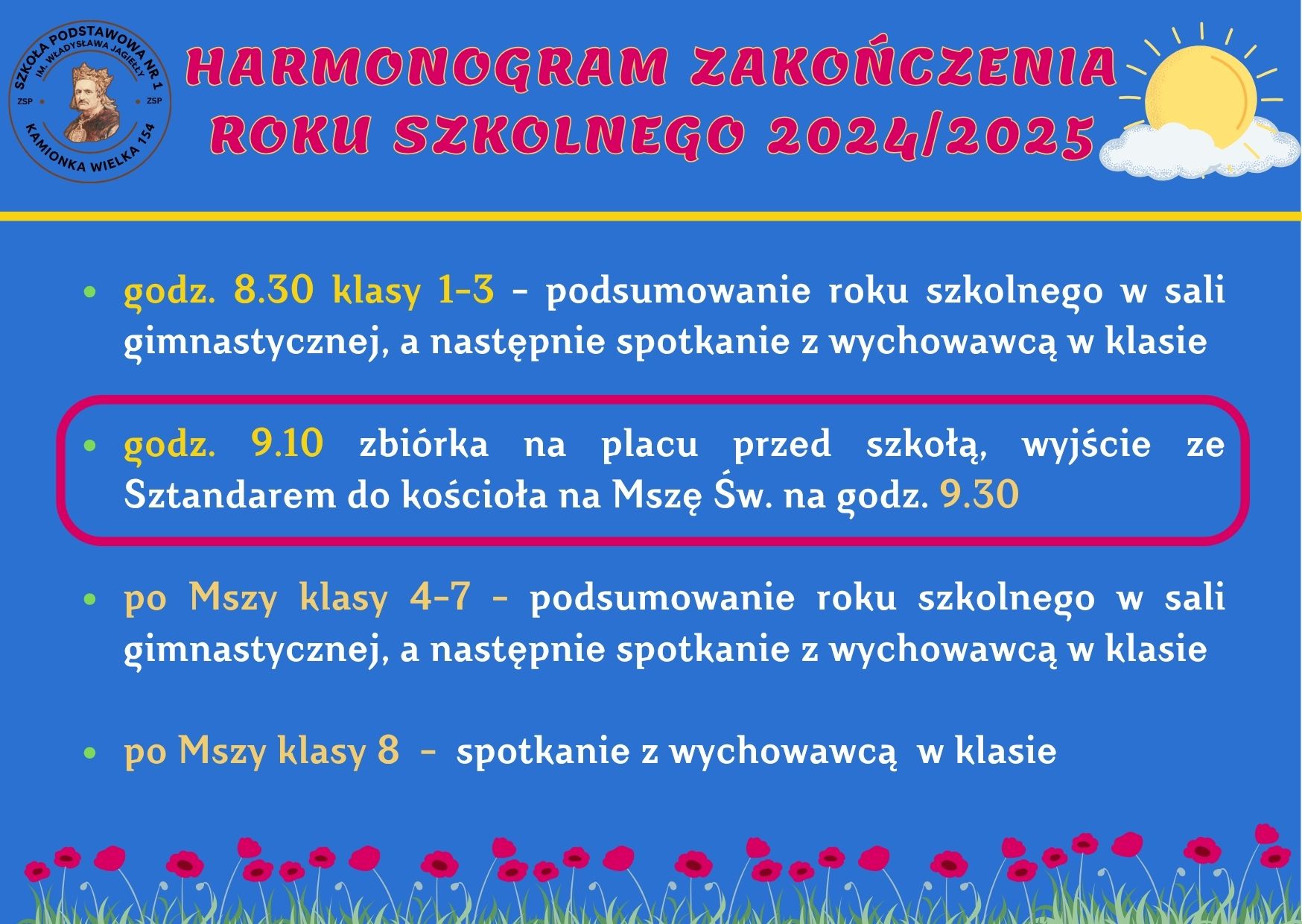 Harmonogram zakończenia roku szkolnego 2024/2025