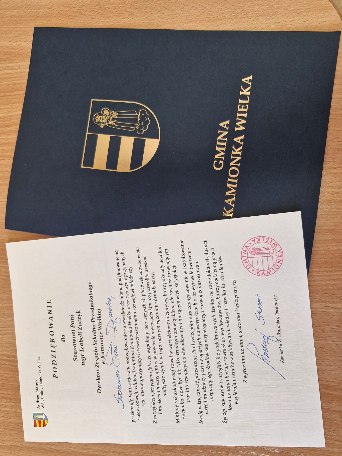Podziękowanie Wójta Gminy Kamionka Wielka dla dyrektorów szkół