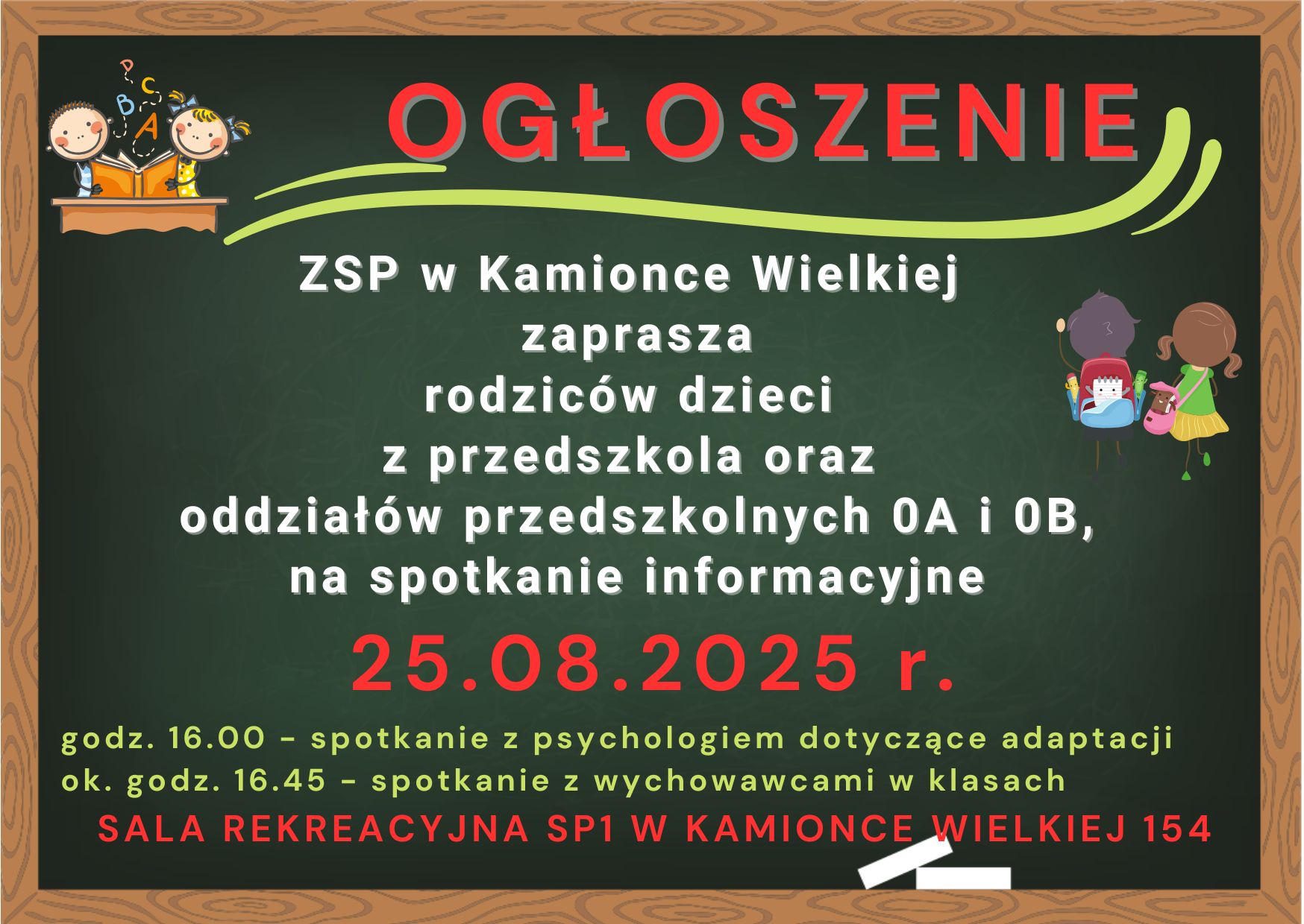 Spotkanie rodziców dzieci z przedszkola oraz oddziałów przedszkolnych klas'0